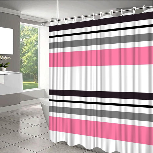 White Grey Pink Stripe Shower Curtain Abstract Geometric Modern Contemporary Simple Fashion Mid Century Bathroom Set Bathtub Accessories Polyester Fabric with Hooks 70Wx78H Inch