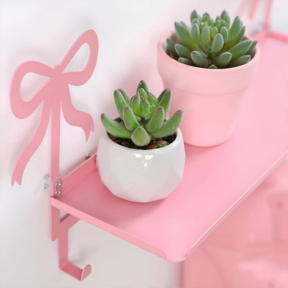 Wall Hooks with Shelf Pink Bow Key Holder Metal Coat Clothes Rack Wall-Mounted Entryway Hanging Shelves with 5 Metal Hooks Cute Coquettish Room Wall Decor for Nursery Room Bedroom Kitchen