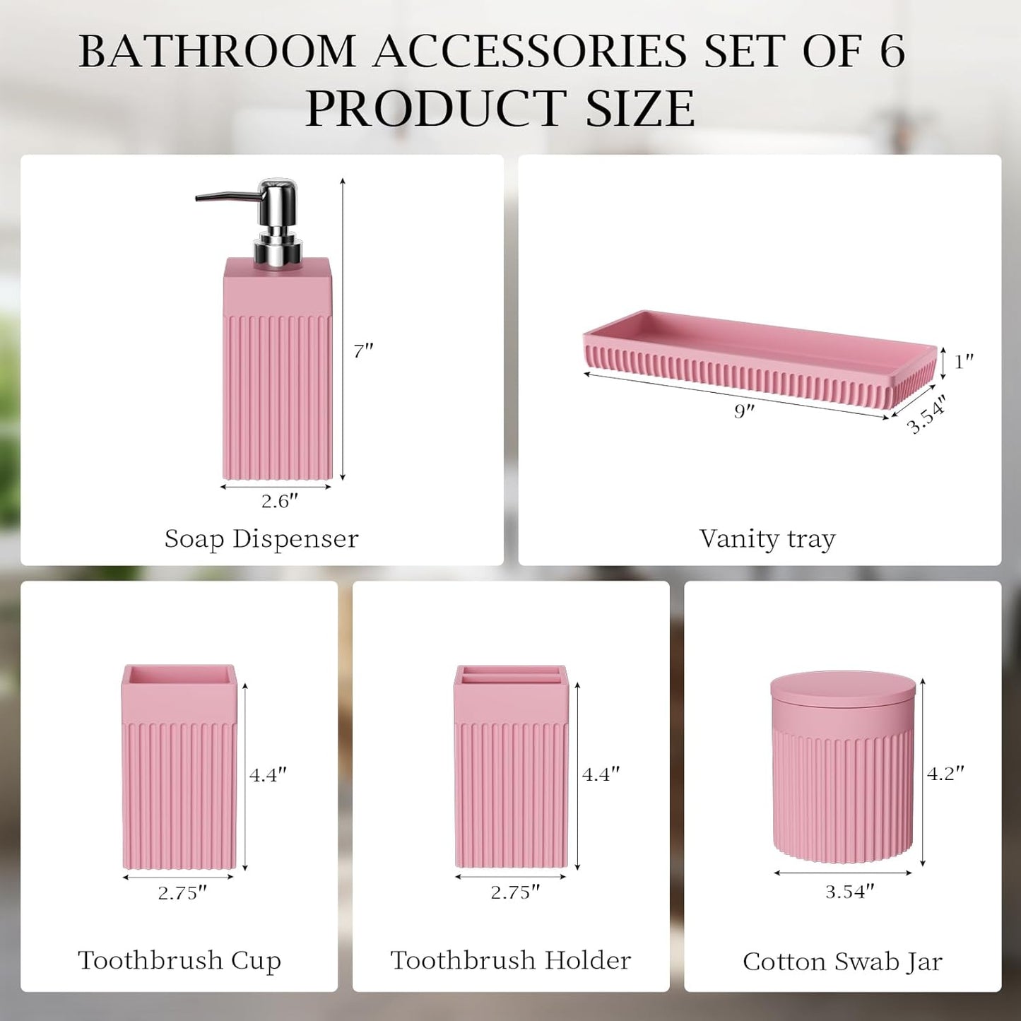 6-Piece Pink Bathroom Set - Sleek Resin Bathroom Accessories Set with Soap Dispenser, Toothbrush Holder, Vanity Tray, Tumbler & Apothecary Jars for Small Spaces