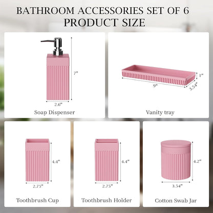 6-Piece Pink Bathroom Set - Sleek Resin Bathroom Accessories Set with Soap Dispenser, Toothbrush Holder, Vanity Tray, Tumbler & Apothecary Jars for Small Spaces