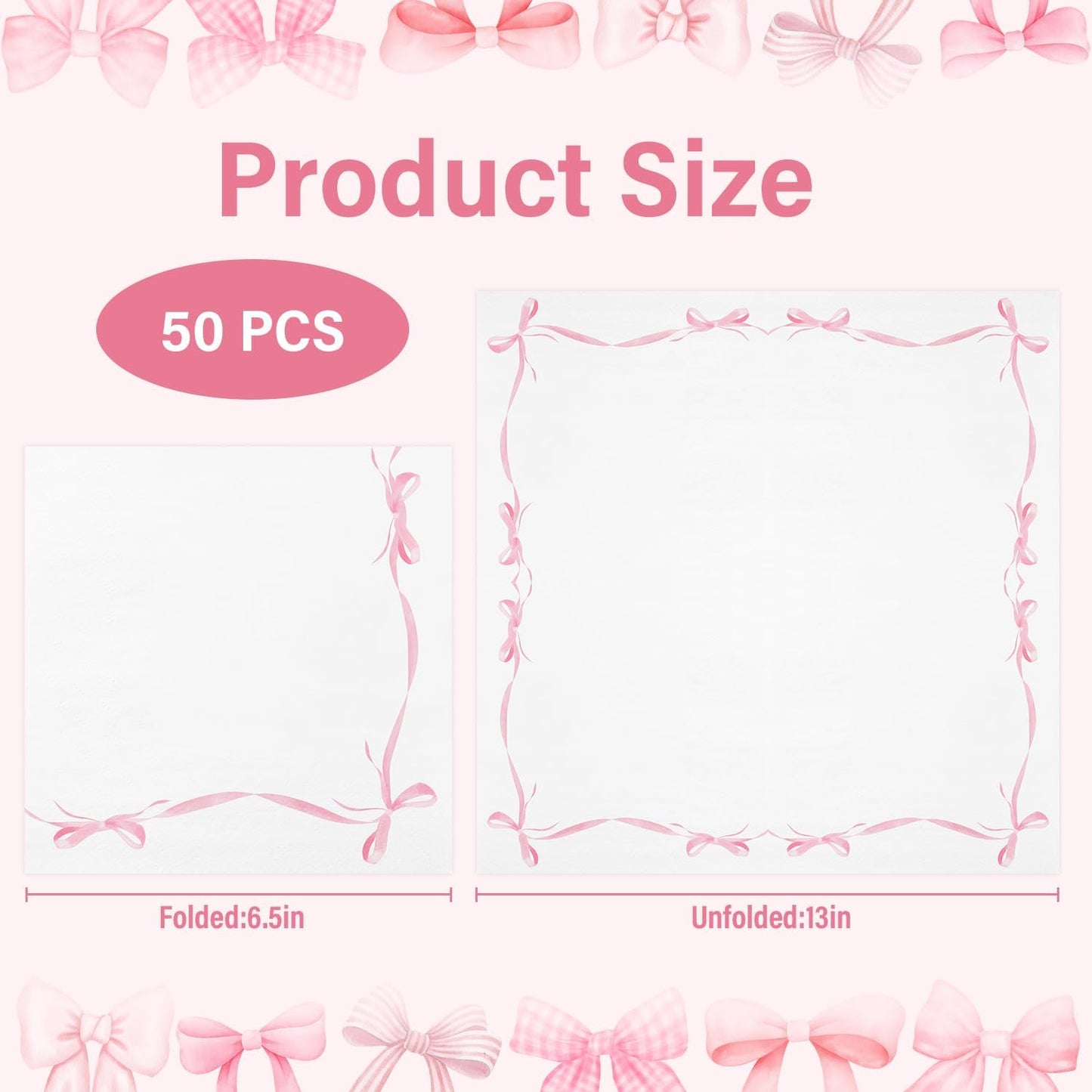 50 Pcs Pink Bow Paper Napkins Bachelorette Decorations Bow Theme Birthday Party, Bridal Engagement Decor, Girl Baby Shower Table Decor Party Supplies，6.5"*6.5"