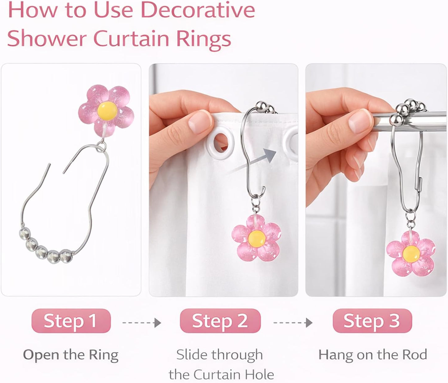 12 Pcs Pink Bow Shower Curtain Hooks, Decorative Shower Curtain Rings Rust Proof, Cute Aesthetic Bathroom Curtain Hooks for Girls, Teens & Women (Light Pink Flower)
