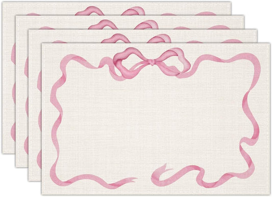 Pink Bow Linen Placemats Set of 4, Wedding Waterproof Washable Heat Resistant Place Mats 12x18 Inch, Table Mat for Restaurant Outdoor Indoor Home Kitchen Party Dining Decoration-10