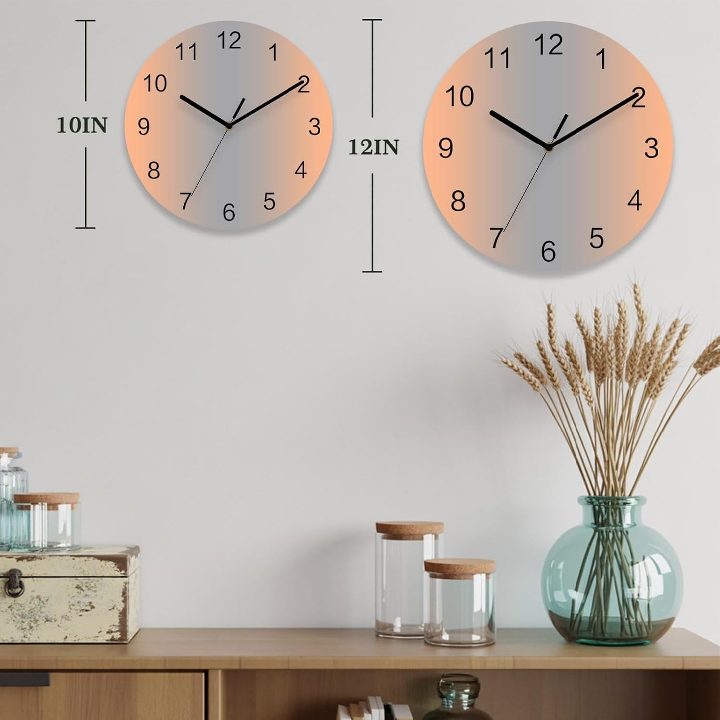 Ombre Abstract Gradient Coral Pink and Gray Wall Clock Battery Operated Non-Ticking 12" Round Wood Clocks, Kitchen Wall Clock for School Bathroom Living Room Home Office Wall Decor