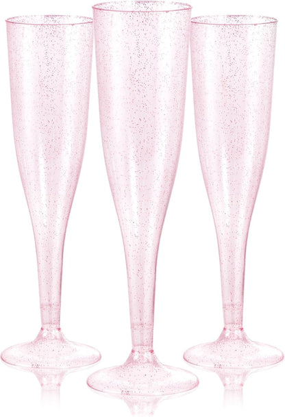 WDF 36 Pack Pink Glitter Plastic Champagne Flutes - 7OZ Disposable Pink Glasses Glitter Champagne Flutes Plastic for Party/Wedding/Birthday/Bridal Shower