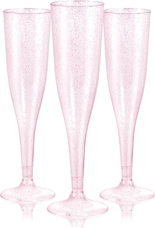 WDF 36 Pack Pink Glitter Plastic Champagne Flutes - 7OZ Disposable Pink Glasses Glitter Champagne Flutes Plastic for Party/Wedding/Birthday/Bridal Shower