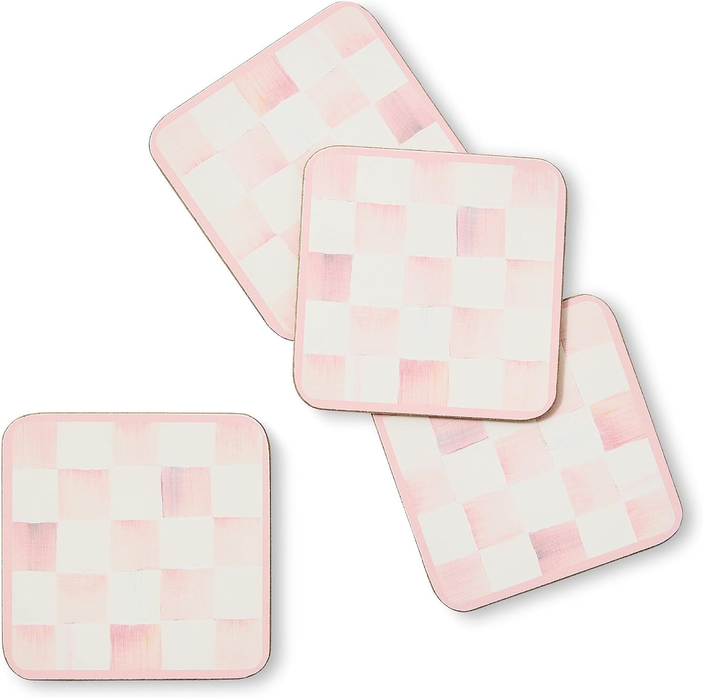 MACKENZIE-CHILDS Square Cork-Back Coaster Set, Table Coasters for Drinks, Set of 4, Pink-and-White Rosy Check