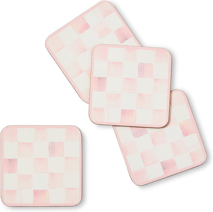 MACKENZIE-CHILDS Square Cork-Back Coaster Set, Table Coasters for Drinks, Set of 4, Pink-and-White Rosy Check