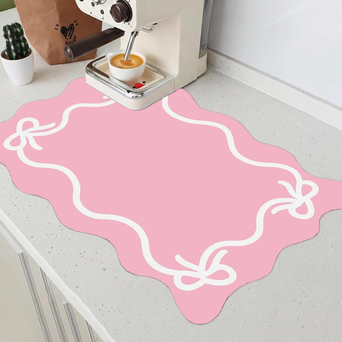 Whaline Pink Bow Coffee Mat 12 x 19 Inch Scalloped Coffee Bar Mat Coquette Bowknot Wavy Edge Dish Drying Pad for Party Home Kitchen Countertop Decor