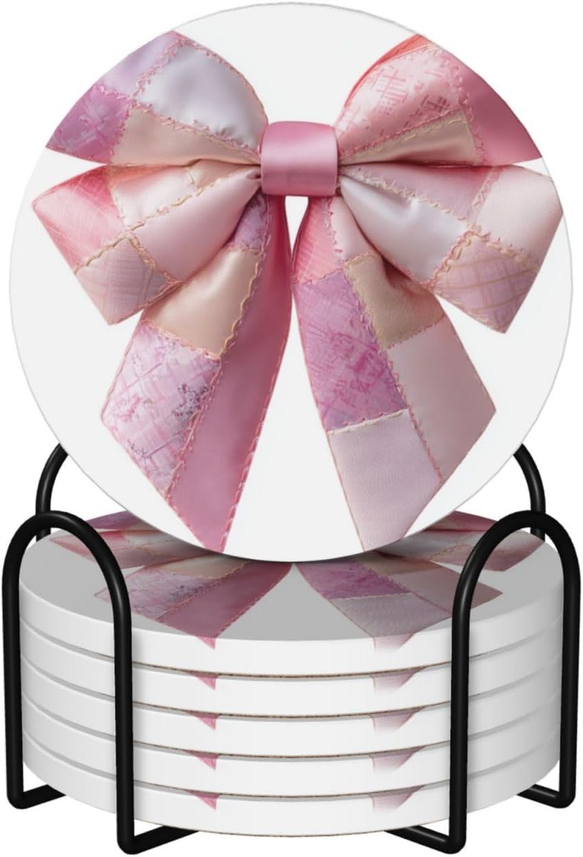 Light Pink Bow Balloon Patchwork Embroidery Ceramic Coasters with Holder Set of 6 Coffee Cup Drink Coasters