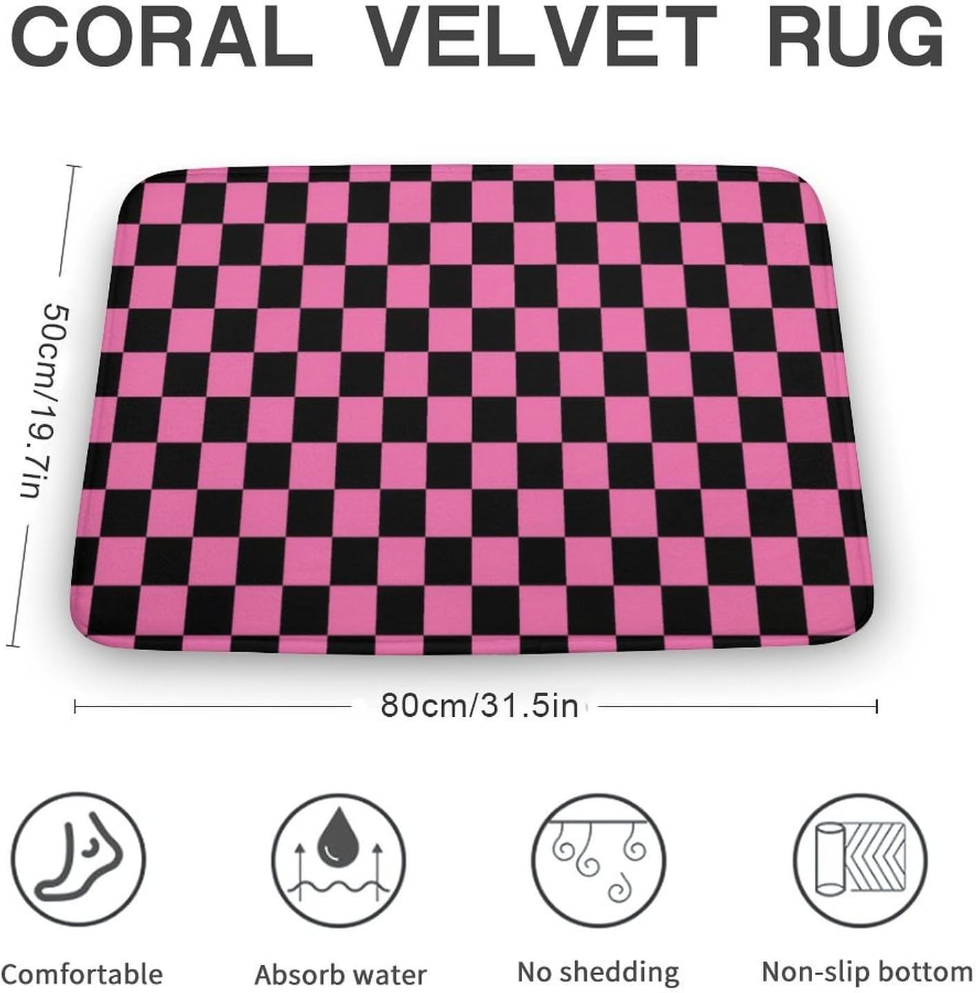 Checkered Black and Pink Bath Mat Rug 30x20, Ultra Soft Bathroom Rug, Non Slip and Absorbent Bath Rug Carpet for Bathroom Floor, Tub and Shower