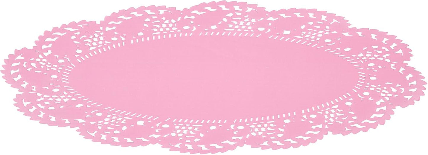 Restaurantware-Pastry Tek 12.5 x 8.5 Inch Paper Lace Doilies, 100 Oval Disposable Table Doilies - Elegant Lace Finish, Long Lasting, Pink Paper Lace Doilies, for Pastries, Cupcakes, Desserts