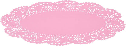 Restaurantware-Pastry Tek 12.5 x 8.5 Inch Paper Lace Doilies, 100 Oval Disposable Table Doilies - Elegant Lace Finish, Long Lasting, Pink Paper Lace Doilies, for Pastries, Cupcakes, Desserts