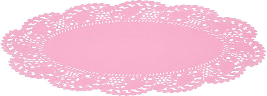 Restaurantware-Pastry Tek 12.5 x 8.5 Inch Paper Lace Doilies, 100 Oval Disposable Table Doilies - Elegant Lace Finish, Long Lasting, Pink Paper Lace Doilies, for Pastries, Cupcakes, Desserts