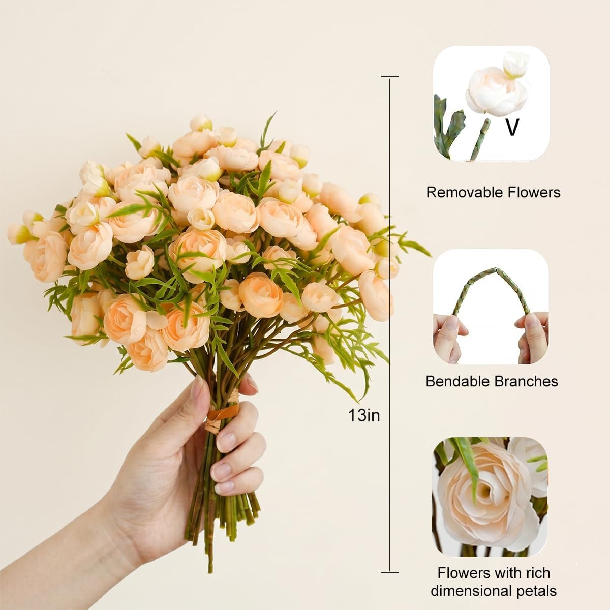 Artificial Ranunculus Flowers Cream Peach Faux Silk 20Pcs Artificial Flowers Bouquet for Home Decor Wedding DIY Gifts