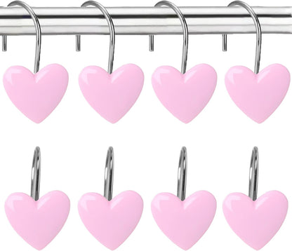 12PCS Decorative Heart Shower Curtain Hooks - Cute Pink Bathroom Accessories, Non-Rust Metal Hooks for Shower Curtain Rings, Easy Install Bathroom Decor for Women, Girls, Kids Room