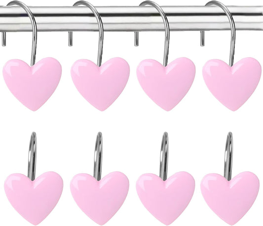 12PCS Decorative Heart Shower Curtain Hooks - Cute Pink Bathroom Accessories, Non-Rust Metal Hooks for Shower Curtain Rings, Easy Install Bathroom Decor for Women, Girls, Kids Room
