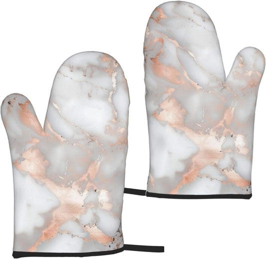 White Marble Rose Gold Printed Oven Mitts 2-Piece Set - Heat Resistant Oven Gloves for Kitchen & Outdoor Cooking Baking