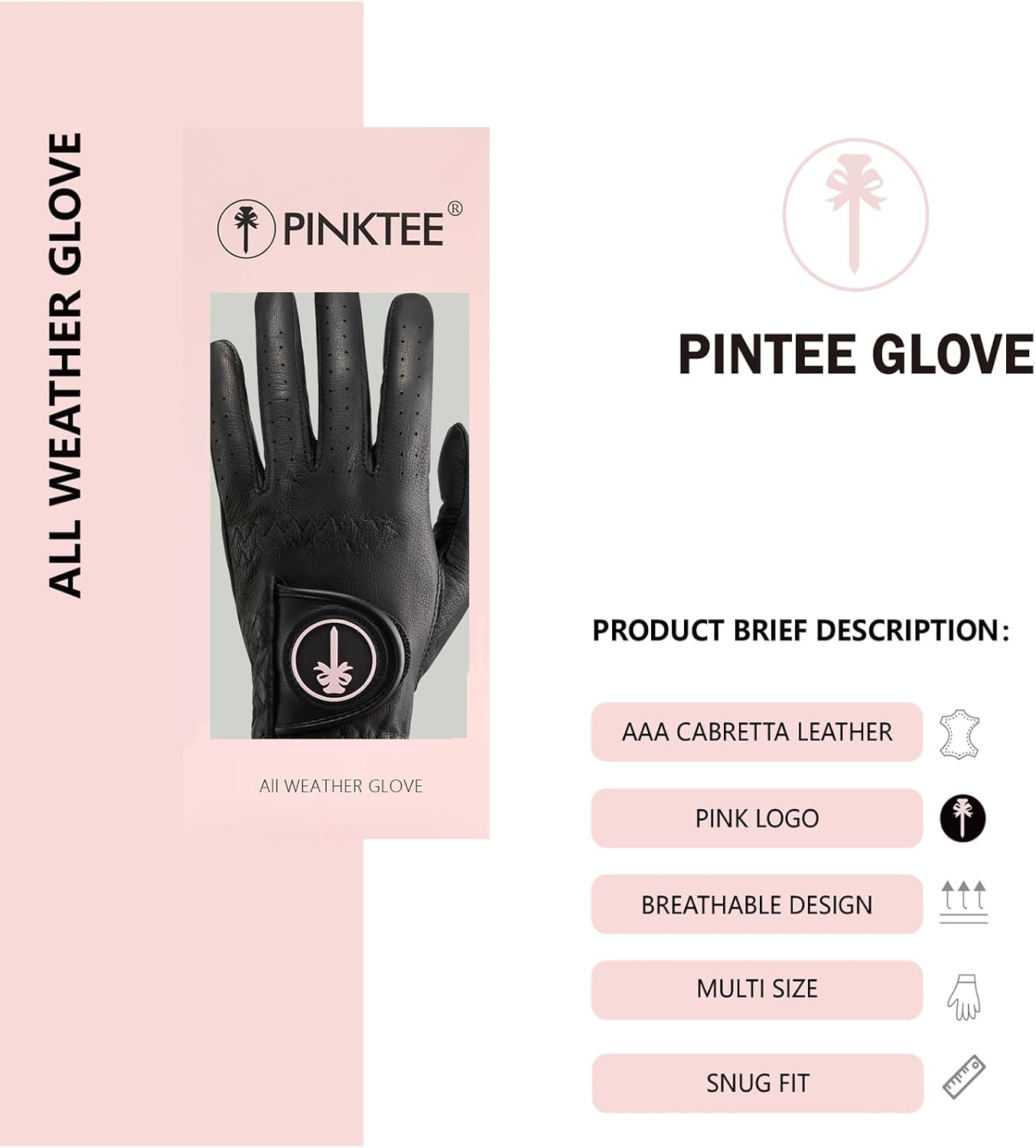 PINKTEE Women's Golf Glove Premium Cabretta Leather Ladies Left Hand All Weather Grip Elastic Wristband
