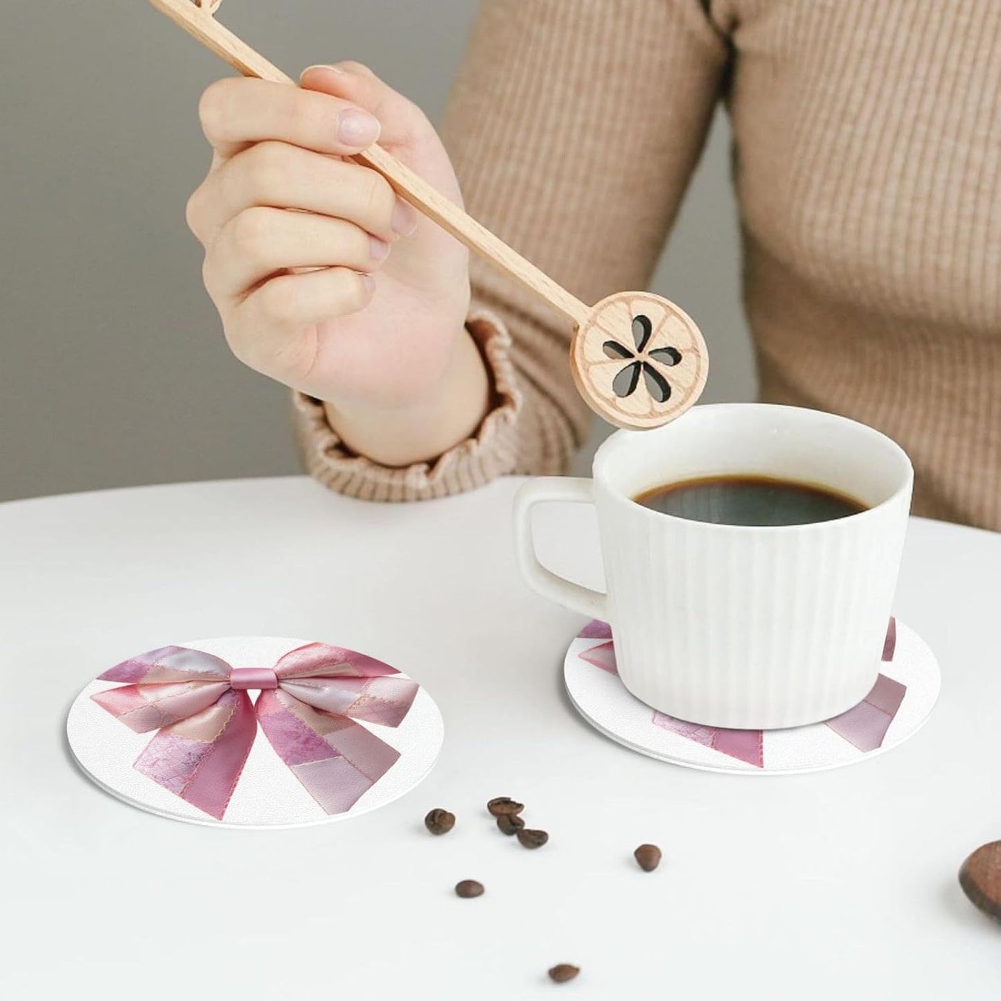 Light Pink Bow Balloon Patchwork Embroidery Drinks Coasters Set of 4 Leather Drink Coasters for Tabletop Protection Heat Resistant Bar Cup Mat Pad