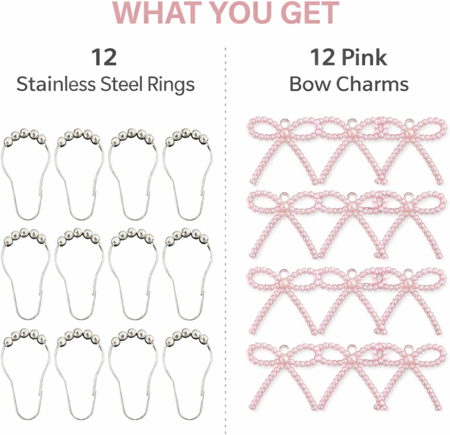 Shower Curtain Hooks Pink, 12 Pack Pink Shower Curtain Hooks with Cute Bow Charms, Cute Shower Hooks Bows for Girl Shower Curtain Decor, Aesthetic Shower Hooks for Bathroom