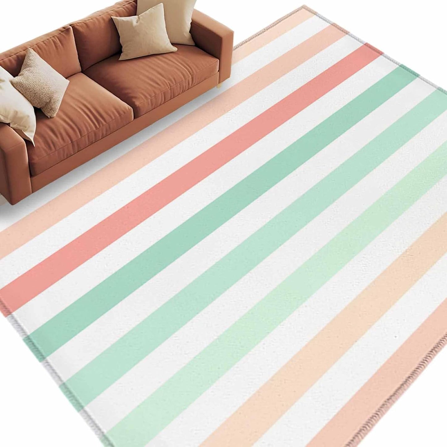 Peach Pink Green Ombre Kitchen Area Rugs, 5x7ft Farmhouse Stripe Modern Bathroom Living Room Rugs Felt Carpet Rubber Backing Non-Slip Rug for Entryway Bedroom Rectangle