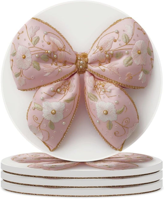 Light Pastel Pink Bow Balloon Embroidered Floral Coasters Set of 4 Absorbent Coasters