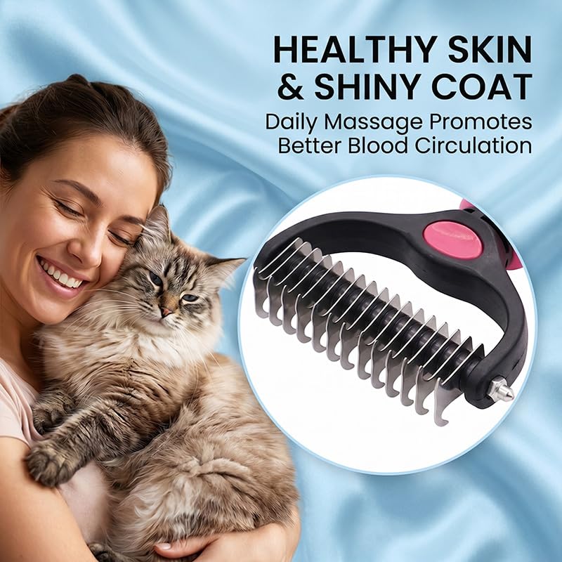 Pet Grooming Tool, Double Sided Deshedding Brush Dematting Rake, Stainless Steel Grooming Comb for Dogs & Cats, Undercoat Rake for Removing Loose Fur, Tangles and Knots (Pink-S, 1 Pack)