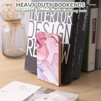 Wood Bookends Non-Slip Bookends Book Stand for Shelves Books/CD - Pink Marble Pattern