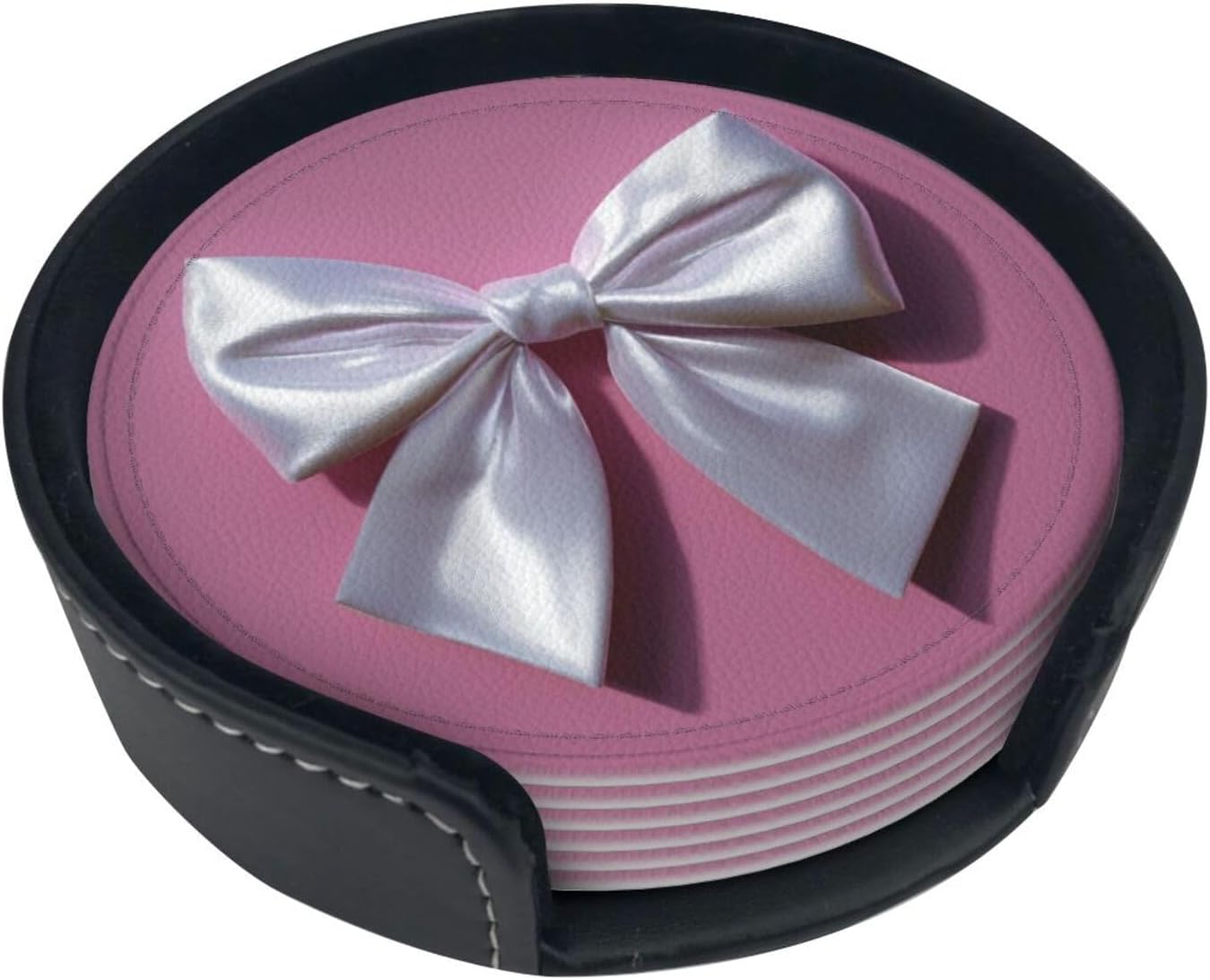 White Satin Bow On Light Pink Premium Leather Coasters, Set of 6 with Holder, Stylish Beverage Coasters for Kitchen Coffee Bar