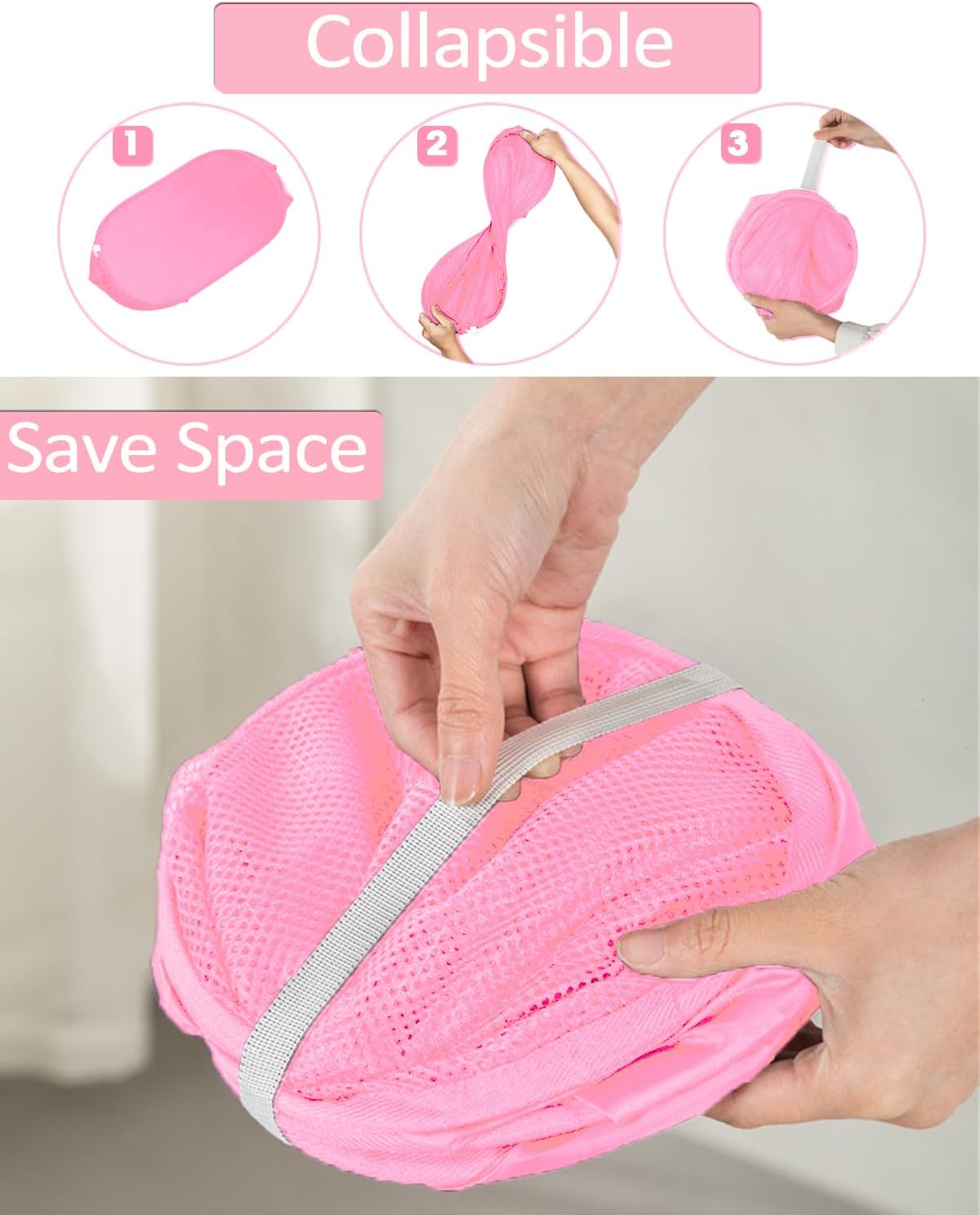 Durable Collapsible Laundry Baskets - Reinforced Mesh Pop Up Laundry Hamper with Side Pocket, Foldable Clothes Storage Hamper with Carry Handles for Laundry, Bathroom, Kids Room, Dorm or Travel Pink