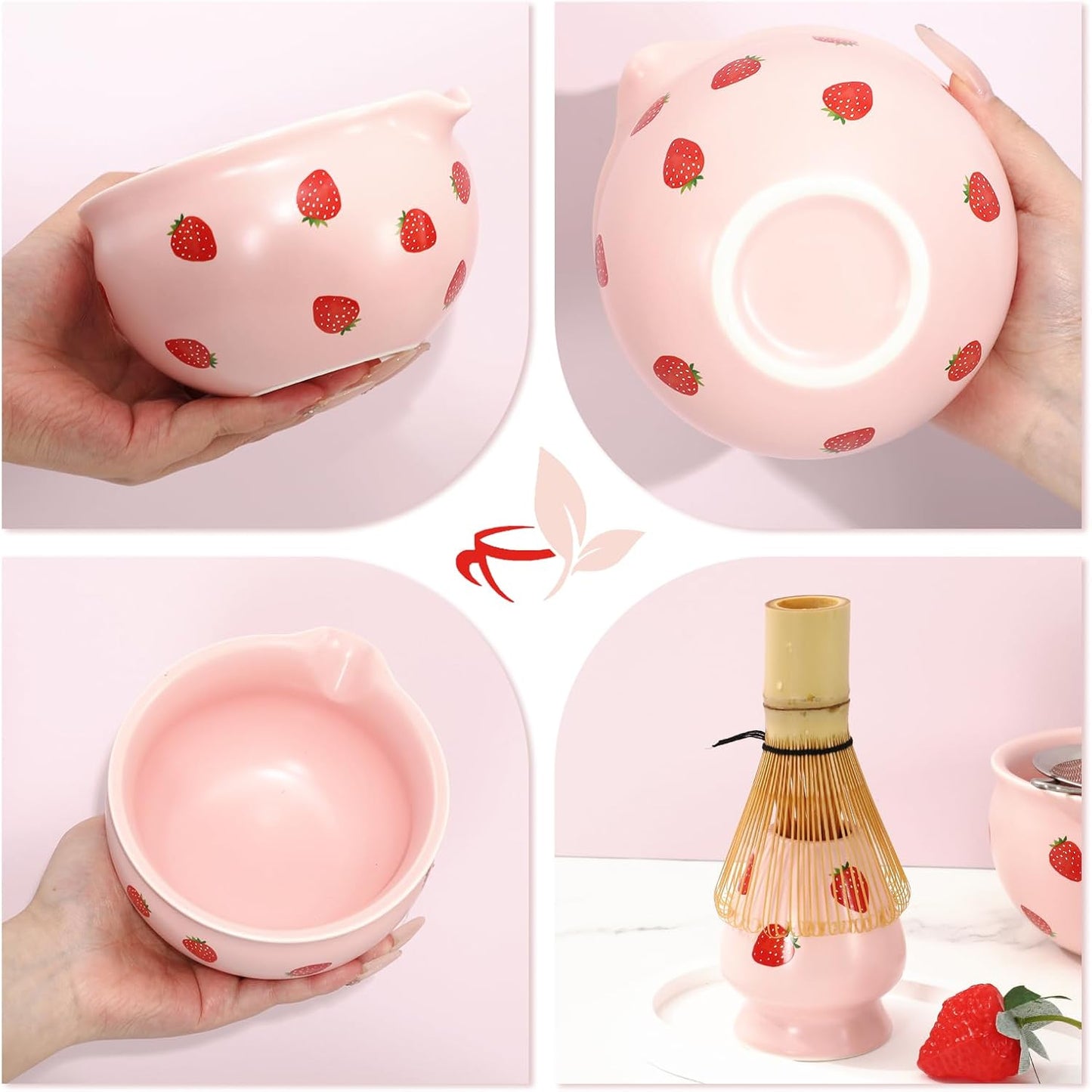FYSUIMU 5 Pcs Strawberry Ceramic Matcha Bowl Set Pink Ceramic Bowl with Spout and Bamboo Whisk Scoop Sifter Stand Kit for Tea Lovers Tea Ceremony Supplies