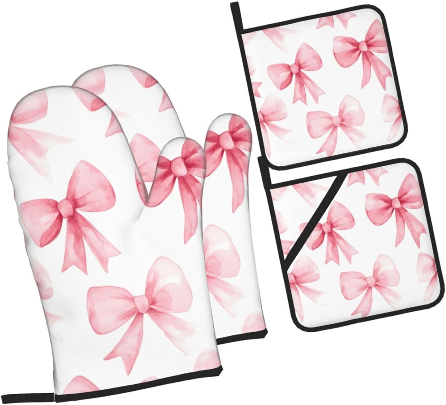 Pink Bow 4pcs Oven Mitts and Potholders BBQ Gloves，Non-Slip Heat Resistant for Kitchen,Cooking,Baking