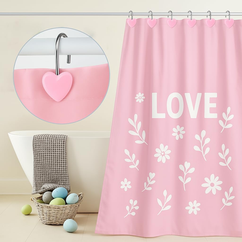 12PCS Decorative Heart Shower Curtain Hooks - Cute Pink Bathroom Accessories, Non-Rust Metal Hooks for Shower Curtain Rings, Easy Install Bathroom Decor for Women, Girls, Kids Room
