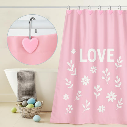 12PCS Decorative Heart Shower Curtain Hooks - Cute Pink Bathroom Accessories, Non-Rust Metal Hooks for Shower Curtain Rings, Easy Install Bathroom Decor for Women, Girls, Kids Room