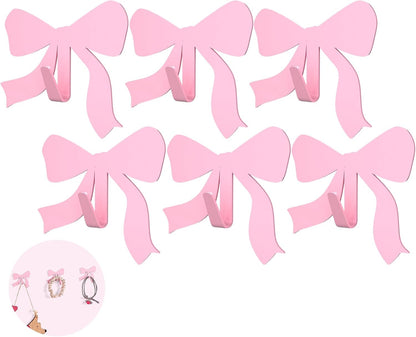 6 Pcs Pink Bow Decorative Wall Hooks Metal Strong Adhesive Wall Door Hanger Coquette Room Decor Cute Towel Coat Hooks Preppy Hanging Decor for Home Kitchen Bathroom Office