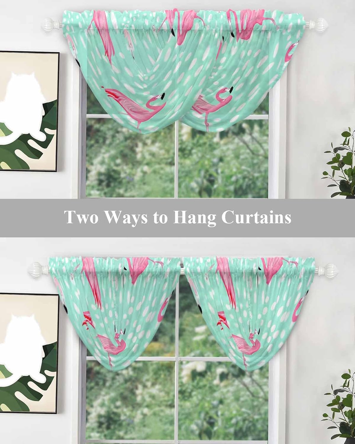 Waterfall Valances for Windows, Green Flamingo Transparent Swag Valance Curtains for Living Room Kitchen, Polka Dot Modern Art Sheer Drapes Curtains for Bedroom,38.5"x47.2",3 Panels
