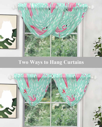 Waterfall Valances for Windows, Green Flamingo Transparent Swag Valance Curtains for Living Room Kitchen, Polka Dot Modern Art Sheer Drapes Curtains for Bedroom,38.5"x47.2",3 Panels