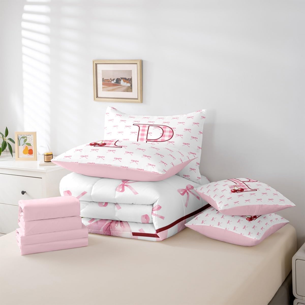 Erosebridal Initial P Letter Bowknot Bed in A Bag Queen 7 Piece Pink Bow Tie Cherry Comforter Set Princess Coquette Decor Bedding Sets for Kids Girls Ribbon Buffalo Checkered Sheet Set with Comforter