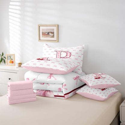 Erosebridal Initial P Letter Bowknot Bed in A Bag Queen 7 Piece Pink Bow Tie Cherry Comforter Set Princess Coquette Decor Bedding Sets for Kids Girls Ribbon Buffalo Checkered Sheet Set with Comforter
