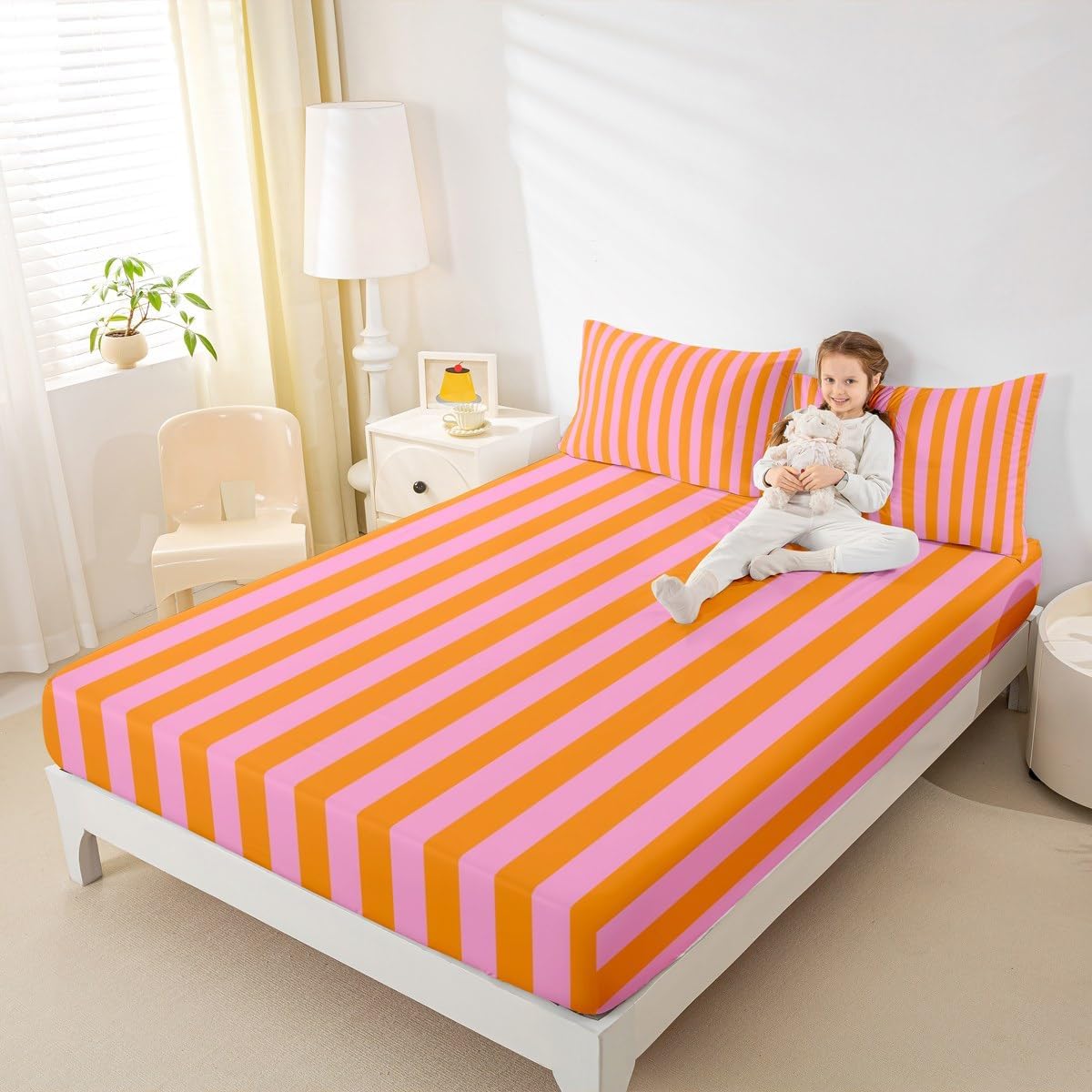 Kids Pink Orange Bedding Twin Size Abstract Fitted Sheet with 1 Pillowcases for Boys Girls Teens Bedroom Decor Stripes Bed Sheets Set 16" Deep Pocket Breathable Soft Microfiber Women Men Geometric