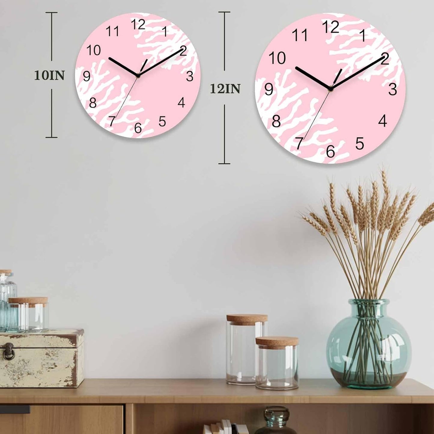 Ocean Wall Clock Battery Operated Non-Ticking 10" Round Wood Clocks, Coral Texture Marine Pink Kitchen Wall Clock for School Bathroom Living Room Home Office Wall Decor