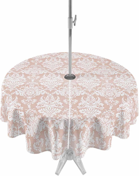 Vintage Floral Outdoor Tablecloth with Umbrella Hole & Zipper, Peach Floral Pattern Middle Eastern Style Dining Table Cover,Waterproof Patio Table Cloth for Backyard /Indoor/BBQs/Picnic 60R-inch