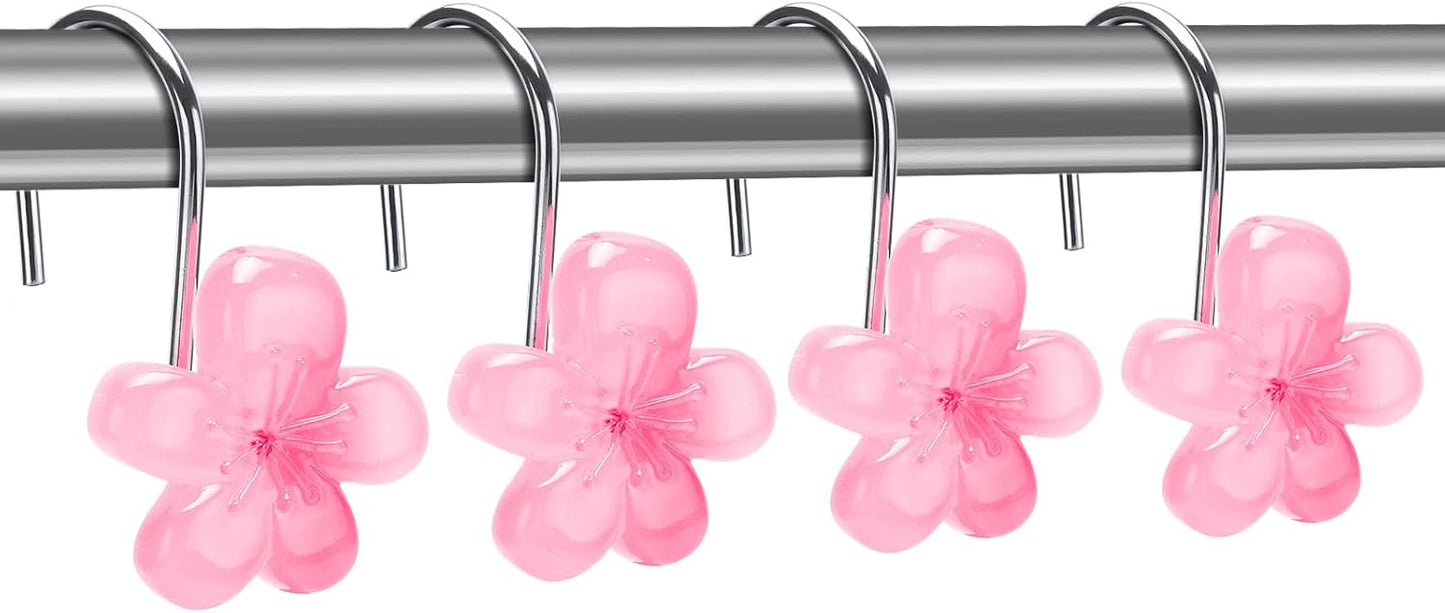 Flower Decorative Shower Curtain Hooks, Glow in The Dark, Elegant Style Shower Curtain Hangers for Bathroom Set of 12, Pink