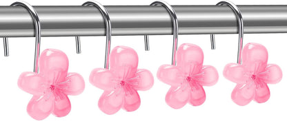 Flower Decorative Shower Curtain Hooks, Glow in The Dark, Elegant Style Shower Curtain Hangers for Bathroom Set of 12, Pink