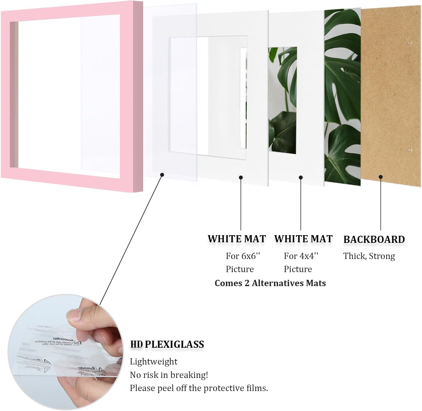 Egofine 8x8 Picture Frame Made of Solid with Plexiglass, Display Pictures 4x4/6x6 with Mat or 8x8 Without Mat for Tabletop and Wall Mounting, Pink