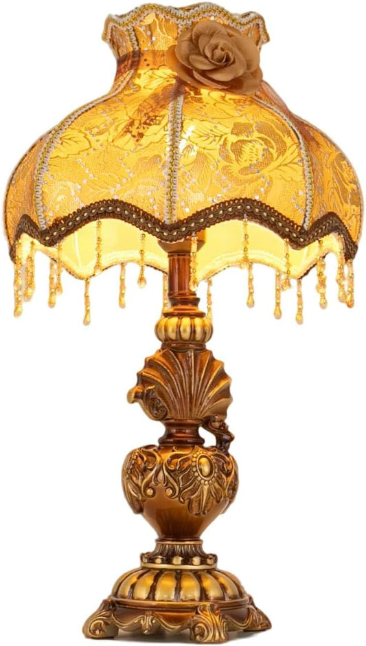 Victorian Table Lamp Pink Vintage Desk Lamp with Fabric Shade & adapts to E26 Bulb, Lace Accents Button Switch Bedside Lamp for Bedroom Living Room Office Decor