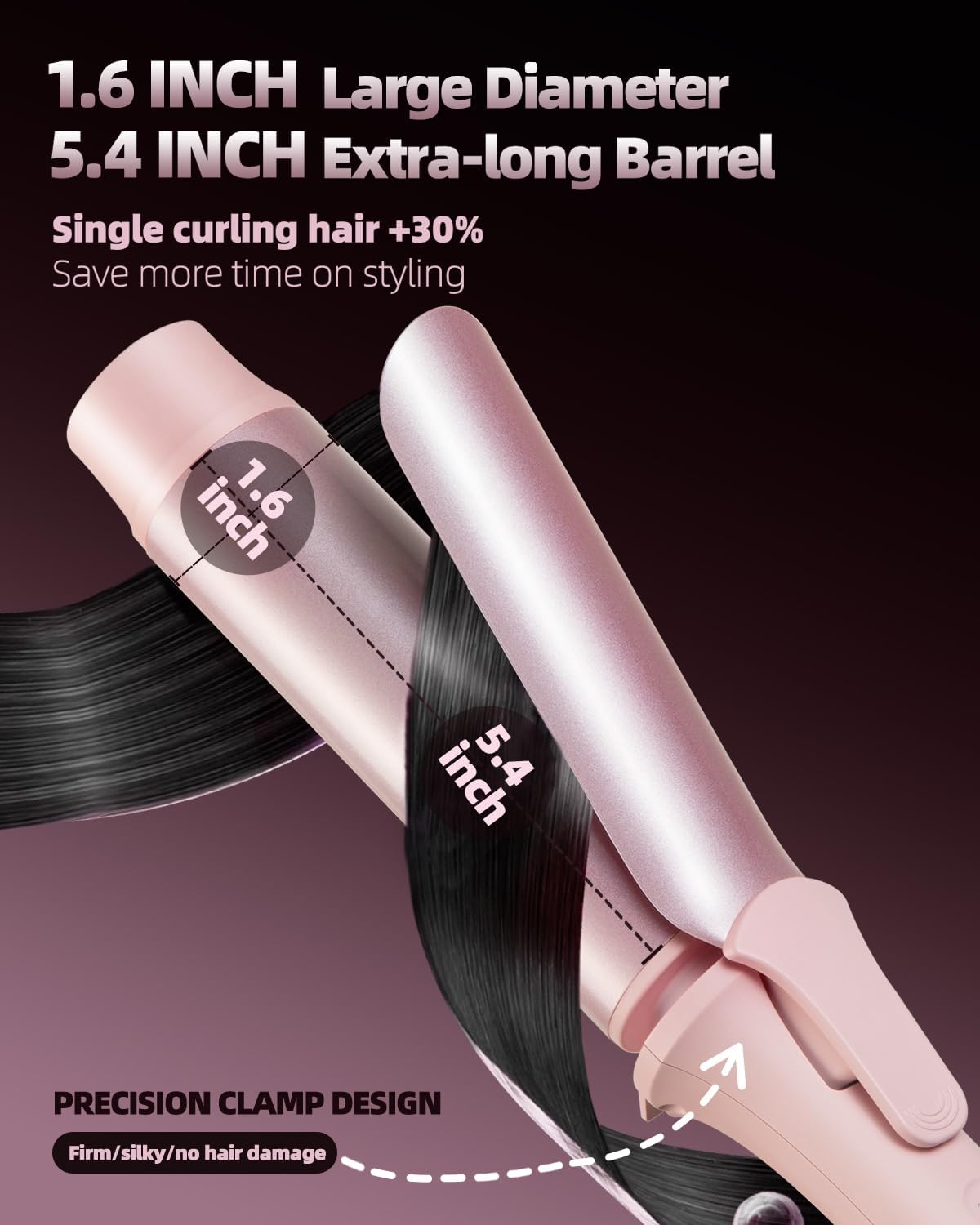 TSUYAGLA Large Hair Curling Wand, 1.6 Inch Big Barrel Curling Iron, 43 Million Ionic Ceramic Curler with 3 Temp, Auto Shut-Off, Long Barrel Curling Wand for Long Hair, Dual Voltage, Pink