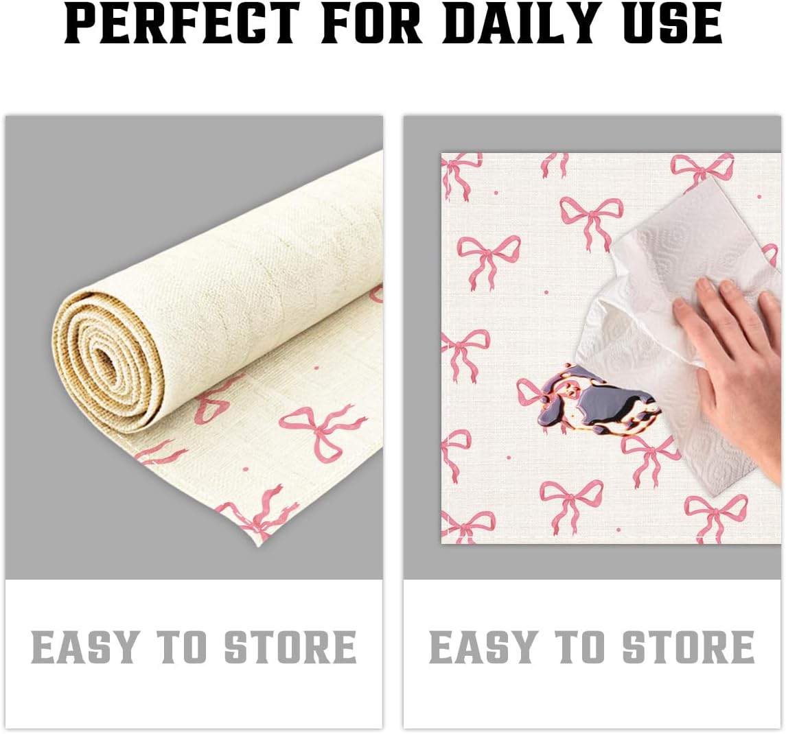 Pink Bow Linen Placemats Set of 4, Cute Waterproof Washable Heat Resistant Place Mats 12x18 Inch, Table Mat for Bridal Shower Wedding Outdoor Indoor Home Kitchen Birthday Party Dining Decoration-13