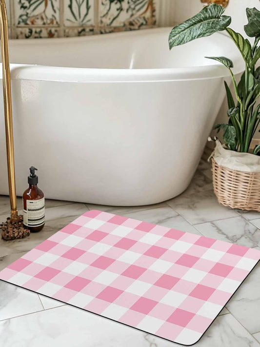 Alandar Home Bathroom Rug Diatomite Stone Bath Mat, Pink Gradient Buffalo Check Absorbent Bath Rug Non Slip Shower Mat, Modern Geometric Grid Quick Dry Bathroom Mat Kitchen Doormat 24x36in